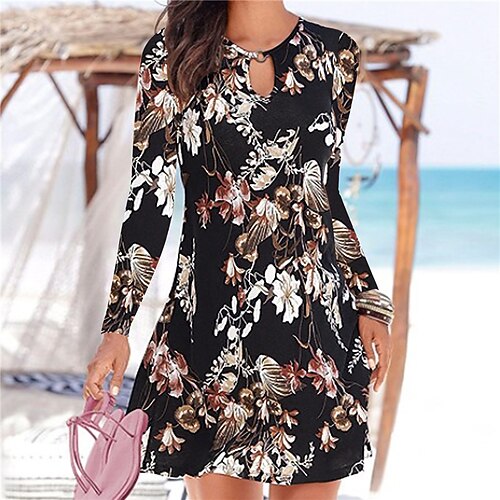 

Women's A Line Dress Short Mini Dress Black Pink Red Long Sleeve Floral Print Fall Spring Round Neck Casual Fashion 2022 S M L XL XXL