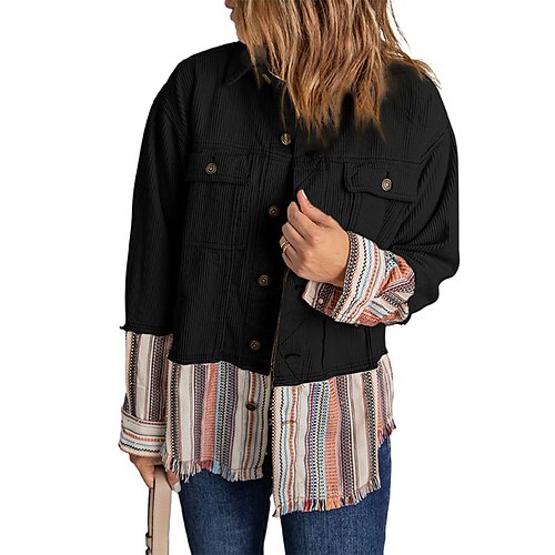 

Women's Casual Jacket Outdoor Street Daily Spring Fall Regular Coat Regular Fit Breathable Streetwear Casual Shacket Jacket Long Sleeve Solid Color Pocket Tassel Green Black Red