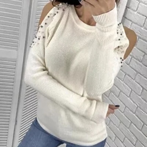 

Women's Pullover Sweater Jumper Ribbed Knit Knitted Cold Shoulder Pure Color Crew Neck Stylish Casual Daily Holiday Fall Winter Green White One-Size / Long Sleeve