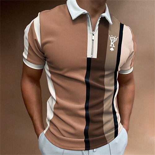

Men's Collar Polo Shirt Golf Shirt Striped Turndown Wine Blue-Green 3D Print Street Daily Short Sleeve Zipper 3D Clothing Apparel Fashion Casual Breathable Comfortable / Beach