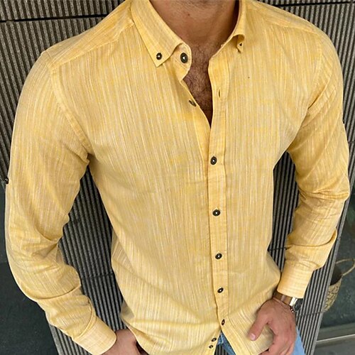 

Men's Dress Shirt Solid Color Turndown Yellow Wedding Work Long Sleeve Button-Down Clothing Apparel Fashion Designer Business Comfortable