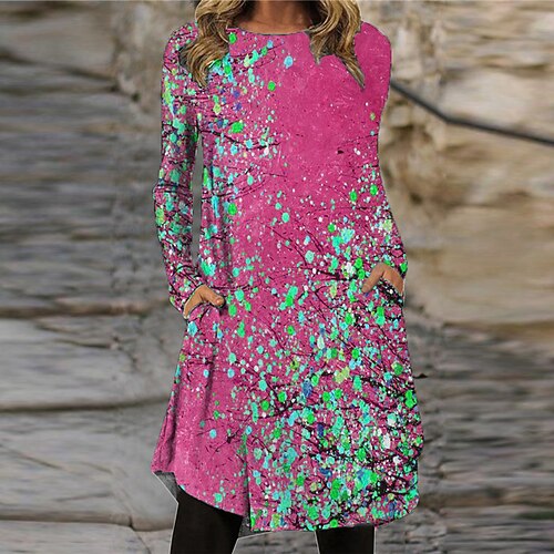 

Women's Shift Dress Knee Length Dress Green Blue Fuchsia Long Sleeve Floral Pocket Print Fall Spring Crew Neck Casual Vacation 2022 S M L XL XXL 3XL
