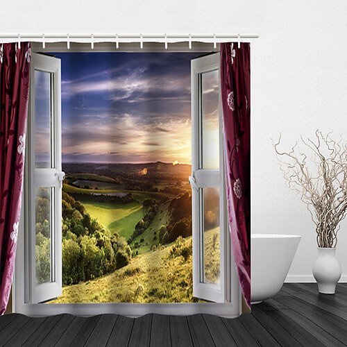 

3D Window Landscape Print Shower Curtain With Hook Modern Polyester Machined Waterproof Bathroom