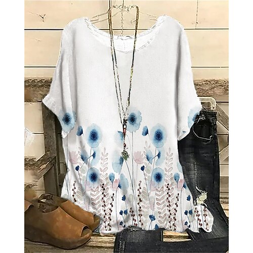 

Women's Plus Size Tops Blouse Shirt Floral Print Half Sleeve Crewneck Streetwear Daily Sports Cotton Spandex Jersey Spring Summer White
