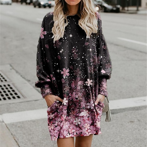

Women's Shift Dress Short Mini Dress Green Blue Pink Long Sleeve Floral Pocket Print Fall Winter Hooded Casual 2022 S M L XL XXL 3XL