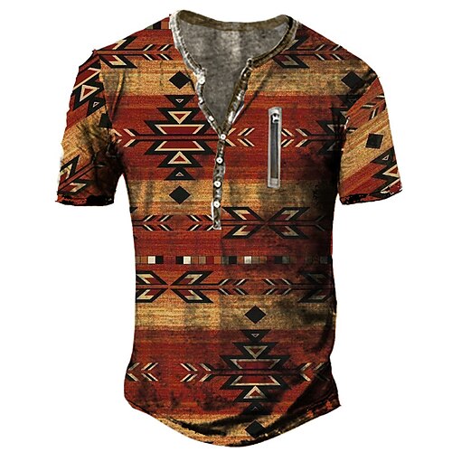 

Men's T shirt Tee Henley Shirt Tee Graphic Tribal Henley Orange 3D Print Plus Size Outdoor Daily Short Sleeve Zipper Button-Down Clothing Apparel Basic Designer Casual Big and Tall / Summer / Summer
