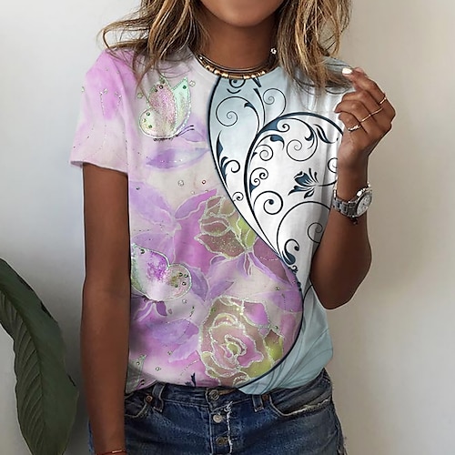 

Women's T shirt Tee Floral Casual Holiday Weekend Floral Painting T shirt Tee Short Sleeve Print Round Neck Basic Essential Green Blue Pink S / 3D Print