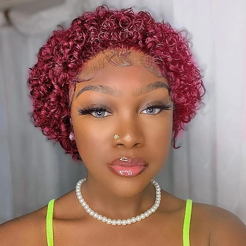 

Burgundy Pixie Cut Wig Human Hair Wigs Short Curly Bob Wig 131 Lace Frontal Human Hair Wigs Red 99J Wigs For Women