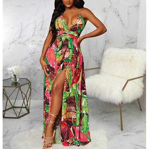 

Women's Swing Dress Maxi long Dress Green Sleeveless Tropical Split Patchwork Print Summer Deep V Casual Fashion Modern 2022 S M L XL XXL