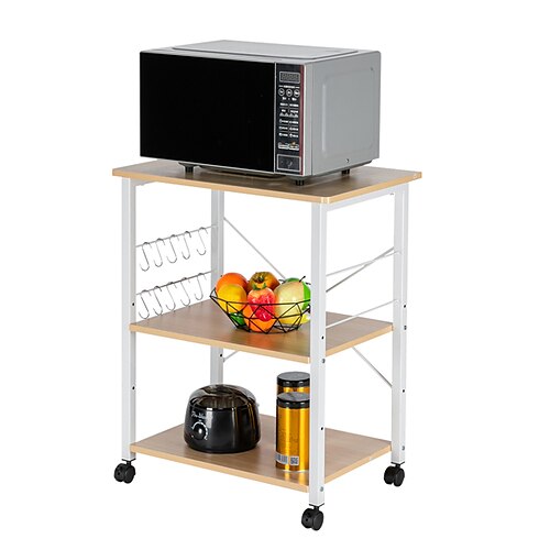 

Baker's Rack 3-Tier Kitchen Utility Microwave Oven Stand Storage Cart Workstation Shelf(Light Beige Top White Metal Frame)