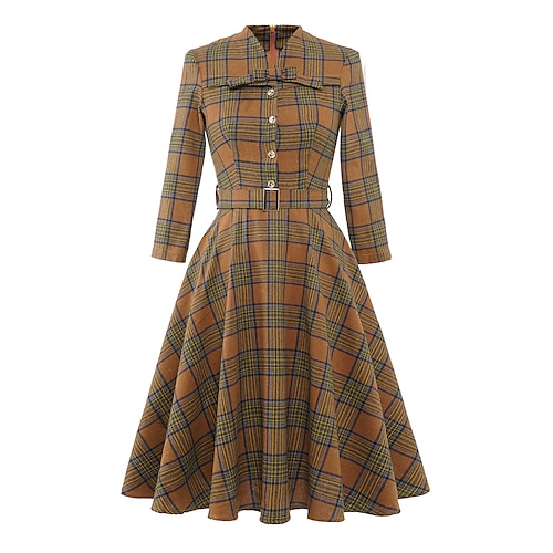 

Women's 1950s Audrey Hepburn Swing Dress 100% Cotton Retro Vintage Flare Dress With Belt Royal Stewart Tartan Plaid Dailywear Tea Party Long Sleeve Dress