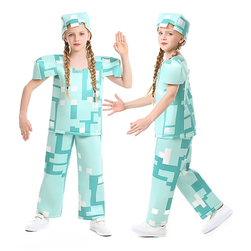 

Minecraft Steve Pants Outfits Masquerade Girls' Movie Cosplay Cosplay Costume Party Blue Top Pants Headwear Masquerade Polyester