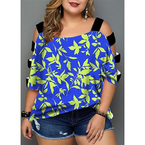 

Women's Plus Size Tops Blouse Shirt Leaf Cut Out Print Half Sleeve V Neck Streetwear Daily Going out Polyester Spring Summer Green Blue