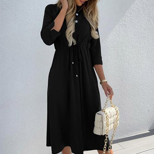 

Women's A Line Dress Midi Dress Black Pink Dark Green Long Sleeve Pure Color Split Button Fall Winter V Neck Casual Loose 2022 S M L XL XXL