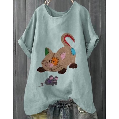 

Women's T shirt Tee Cat Casual Weekend Cat Painting T shirt Tee Short Sleeve Print Round Neck Basic Essential Black Gray Pink L