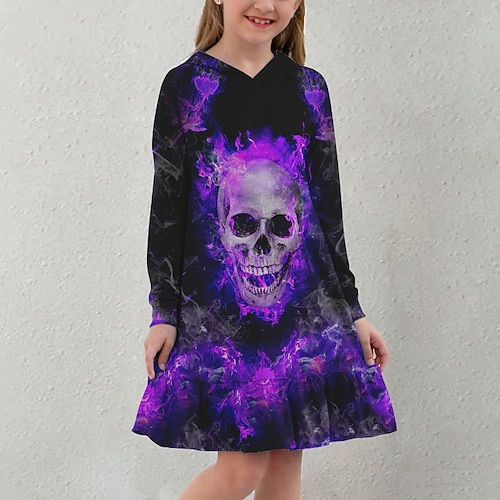 

Kids Little Girls' Dress Skull A Line Dress Daily Holiday Vacation Ruffle Print Purple Above Knee Long Sleeve Casual Cute Sweet Dresses Fall Spring Regular Fit 3-12 Years