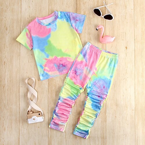 

2 Pieces Kids Girls' T-shirt & Pants Clothing Set Outfit Tie Dye Short Sleeve Ruched Set Outdoor Cute Sweet Spring Summer 3-8 Years Multi color Black Blue