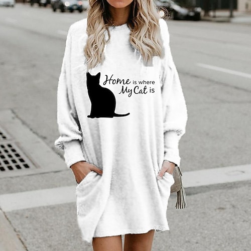 

Women's Shift Dress Short Mini Dress White Long Sleeve Cat Letter Animal Pocket Print Fall Winter Hooded Casual 2022 S M L XL XXL 3XL