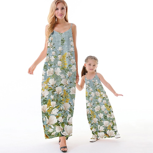 

Mommy and Me Dresses Floral Causal Backless Blue Sleeveless Maxi Strap Dress Active Matching Outfits