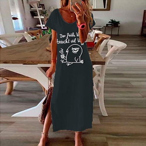 

Women's Shift Dress Maxi long Dress Gray Short Sleeve Letter Animal Split Print Spring Summer V Neck Casual Vacation 2022 S M L XL XXL 3XL