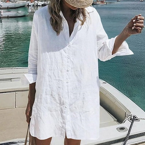 

Women's Shirt Dress Short Mini Dress White Black Pink Long Sleeve Pure Color Ruched Fall Spring Shirt Collar Casual 2022 S M L XL XXL 3XL 4XL 5XL