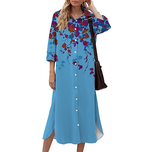 

Women's Shift Dress Midi Dress Green White Blue Pink Yellow 3/4 Length Sleeve Floral Button Print Fall Spring Shirt Collar Casual Fashion 2022 S M L XL XXL 3XL