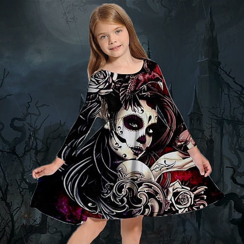 

Kids Little Girls' Dress Skull A Line Dress Halloween Holiday Vacation Print Black Above Knee Long Sleeve Gothic Vintage Punk Dresses Halloween Fall Spring Regular Fit 3-10 Years