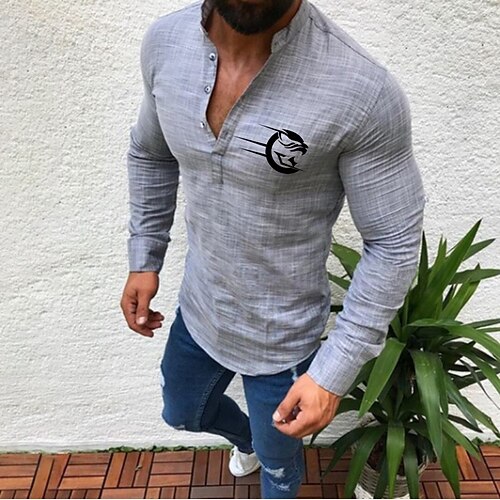 

Men's T shirt Tee Shirt Solid Color Tiger Round Neck Casual Daily Button-Down Print Long Sleeve Tops Casual Fashion Beach White Black Gray