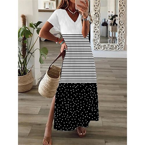 

Women's Shift Dress Maxi long Dress Black Yellow Short Sleeve Polka Dot Striped Split Print Spring Summer V Neck Casual Vacation 2022 S M L XL XXL 3XL