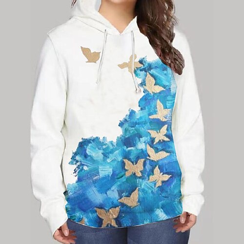 

Women's Plus Size Tops Hoodie Sweatshirt Butterfly Animal Print Long Sleeve Hooded Streetwear Daily Vacation Polyester Fall Winter White