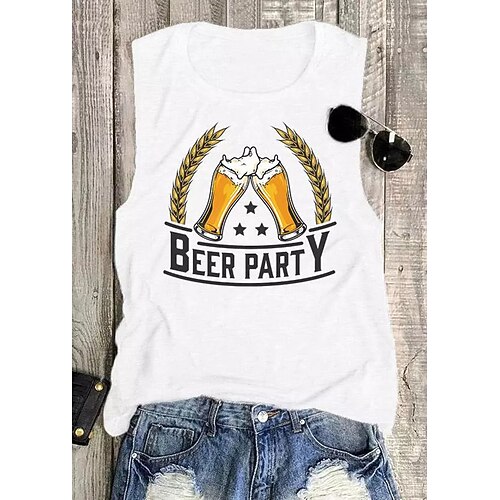 

Women's Tank Top Beer Letter Daily Weekend Tank Top Camis Sleeveless Print Round Neck Casual Streetwear White S