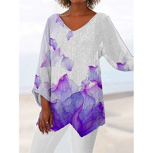 

Women's T shirt Tee Floral Casual Daily Holiday Floral Geometric T shirt Tee Long Sleeve Print V Neck Basic Essential Vintage Loose Purple S / 3D Print