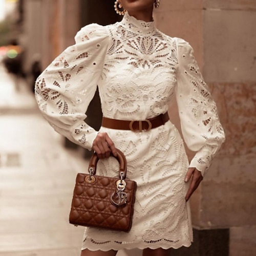 

Mulheres Vestido de renda Vestido da bainha Branco Manga Longa Cor imaculada Bordado Inverno Outono Colarinho Chinês Roupa de inverno Vestido de outono 2022 S M L XL