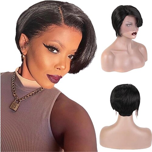 

Human Hair 13x4x1 T Part Lace Front Wig Short Pixie Cut Human Hair Wig With Bangs Brazilian Remy Hair Natural Wig Straight Short Pixie Cut Wig For Black Women