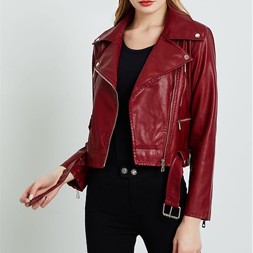 

Women's Faux Leather Jacket Regular Full Zip Pocket Zipper Pocket Coat Black Wine Casual Street Fall Zipper Turndown Regular Fit XS S M L XL