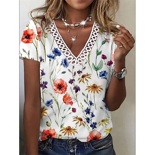 

Women's T shirt Tee White Flower Patchwork Lace Trims Short Sleeve Casual Daily Basic V Neck Regular Floral S / 3D Print / Print