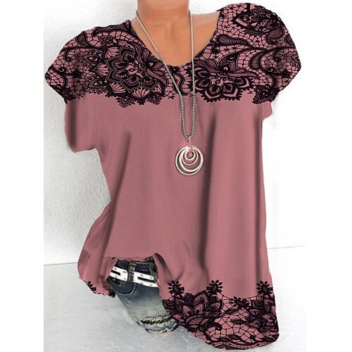 

Women's Plus Size Tops T shirt Tee Floral Print Short Sleeve Crewneck Streetwear Daily Sports Cotton Spandex Jersey Spring Summer Pink