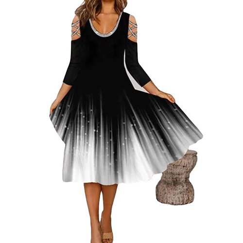 

Women's A Line Dress Short Mini Dress Black 3/4 Length Sleeve Color Gradient Sequins Patchwork Cold Shoulder Spring Summer U Neck Elegant Modern 2022 M L XL XXL 3XL