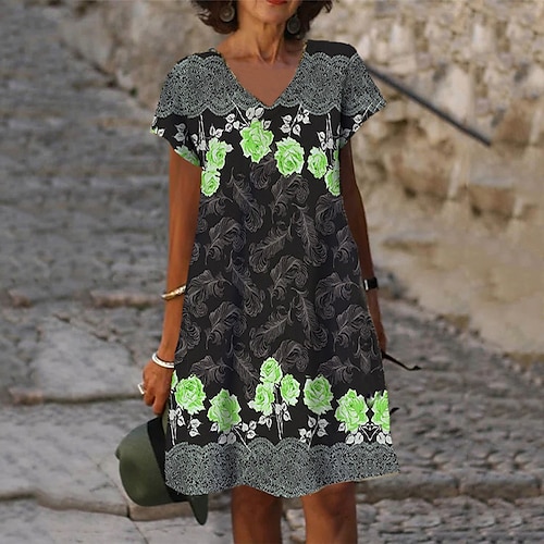 

Women's Shift Dress Knee Length Dress Green Blue Purple Red Light Blue Short Sleeve Floral Print Spring Summer V Neck Casual Vacation 2022 S M L XL XXL 3XL