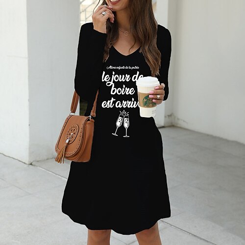 

Women's Shift Dress Short Mini Dress Black Long Sleeve Letter Pocket Print Fall Spring V Neck Casual 2022 S M L XL XXL 3XL