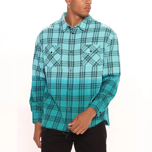 

Men's Shirt Print Plaid Turndown Street Daily Button-Down Long Sleeve Tops Casual Fashion Comfortable Blue-Green / Beach