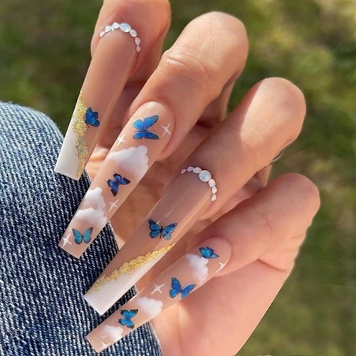 

Ins New Fantasy Dream Butterfly Printing Diamond Nail Stickers Wearable Super Long Export Coffin Nails