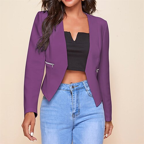 

Women's Blazer Street Daily Going out Spring Summer Short Coat V Neck Regular Fit Warm Breathable Streetwear Elegant Jacket Long Sleeve Solid Color Stylish Zipper Pocket Black Blue Purple