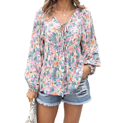 

Women's Blouse Floral Leaf Casual Daily Holiday Plus Size Floral Blouse Peplum Long Sleeve Lace up Bow Print V Neck Elegant Casual Green Pink Orange S