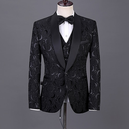 

Black White Men's Wedding Tuxedos 3 Piece Shawl Collar Print Tailored Fit Single Breasted One-button 2022