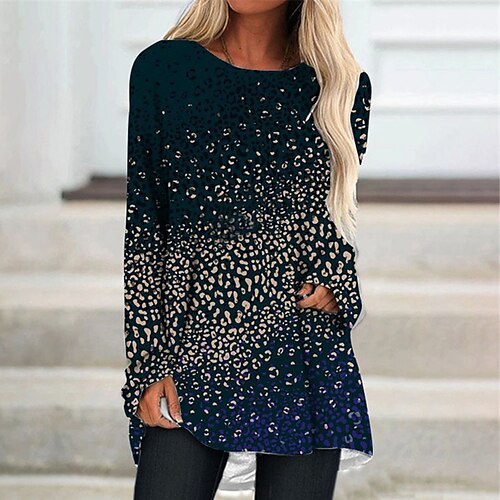 

Women's Shift Dress Knee Length Dress Navy Blue Long Sleeve Leopard Animal Print Fall Spring Crew Neck Casual Vacation 2022 S M L XL XXL 3XL