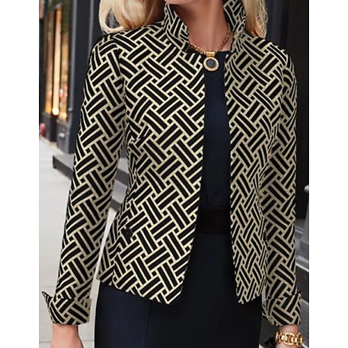 

Women's Blazer Casual Jacket Street Wear to work Going out Fall Spring Regular Coat Stand Collar Regular Fit Breathable Casual Jacket Long Sleeve Stripes Khaki