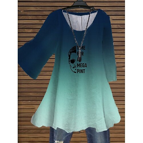 

Women's Plus Size Tops Blouse Shirt Color Gradient Portrait Print 3/4 Length Sleeve Crewneck Streetwear Daily Holiday Cotton Spandex Jersey Fall Spring Green White