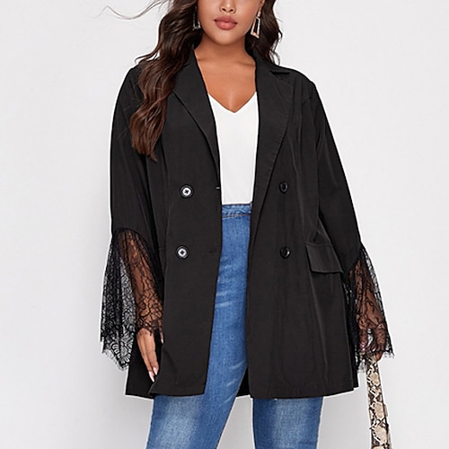 

Women's Plus Size Blazer Lace Pocket Plain Vacation Going out Long Sleeve Rolled collar Regular Fall Winter Black XL XXL 3XL 4XL