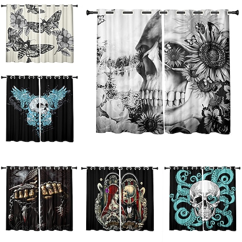 

Halloween 2 Panels Set Blackout Curtains Skull Printed Design Thermal Insulated Curtains for Bedroom Living Room Geometric Modern Grommet Window Drapes Curtain Drapes